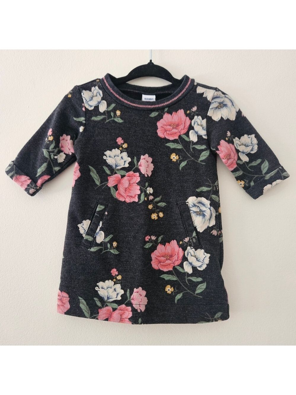 Old Navy Baby Girl Floral Sweatshirt Dress Charcoal Pink 0-3M